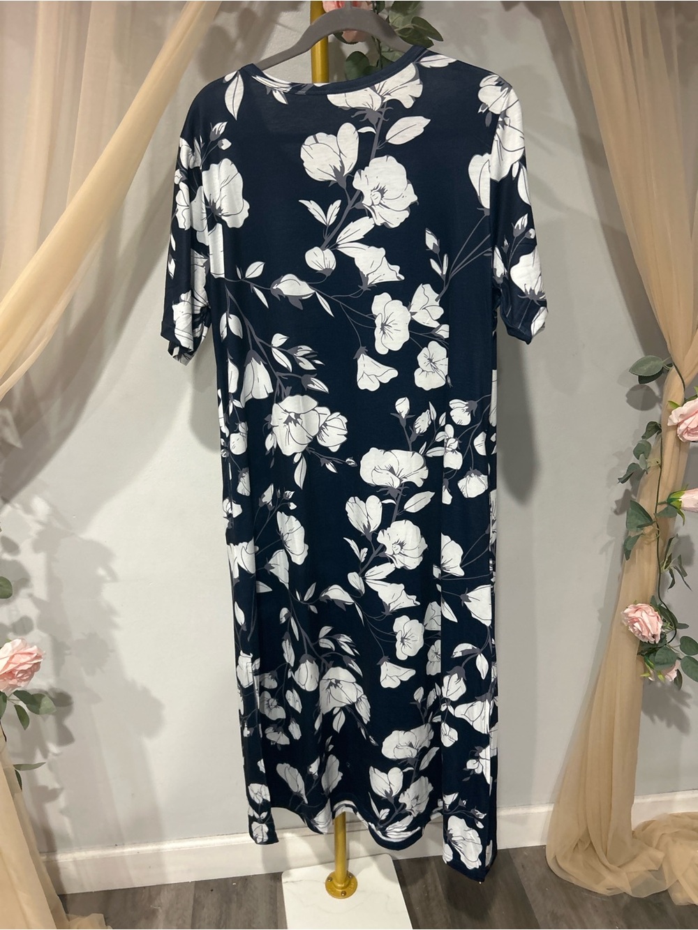 NWT Zeagoo Navy White Floral Maxi Dress Pockets Side Slit Stretch Large - Picture 4 of 6